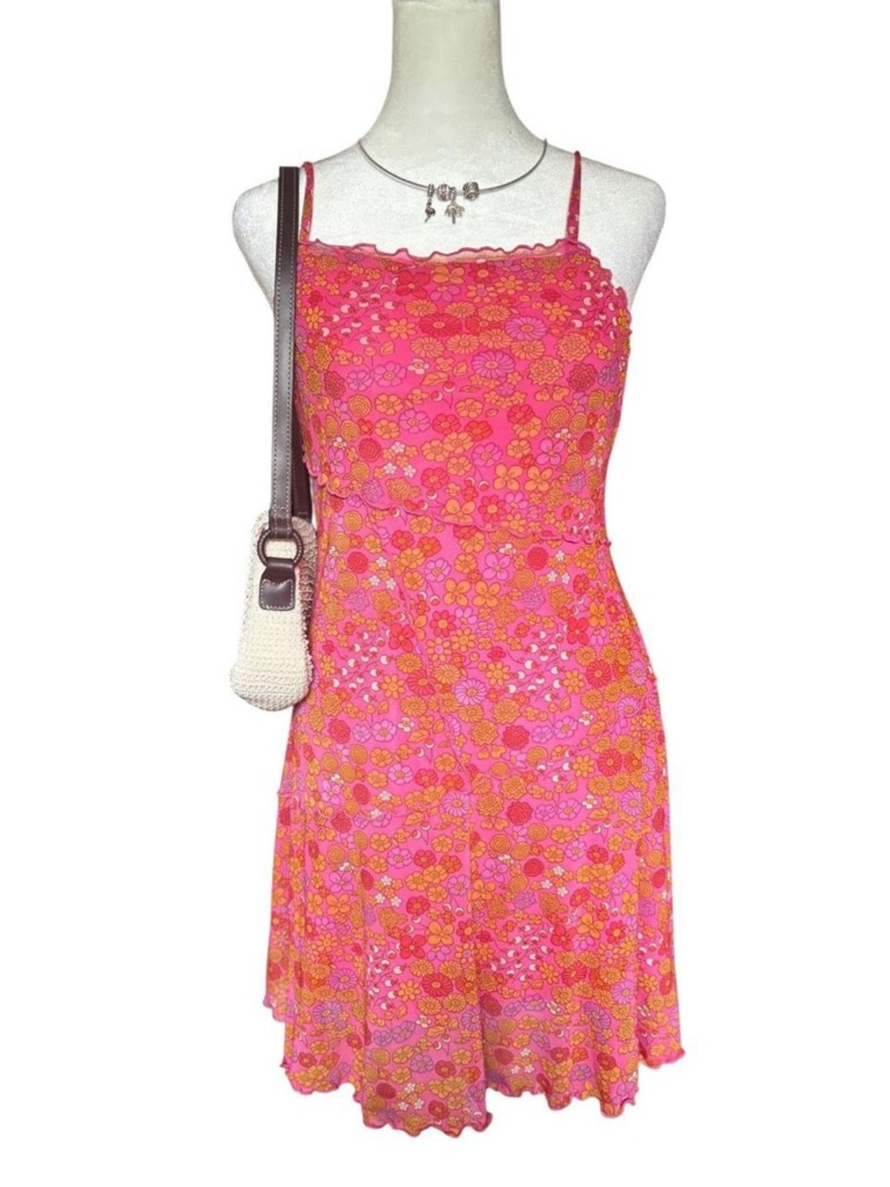 wild fable Pink & Orange Floral Spaghetti Strap Mesh Mini Dress size medium